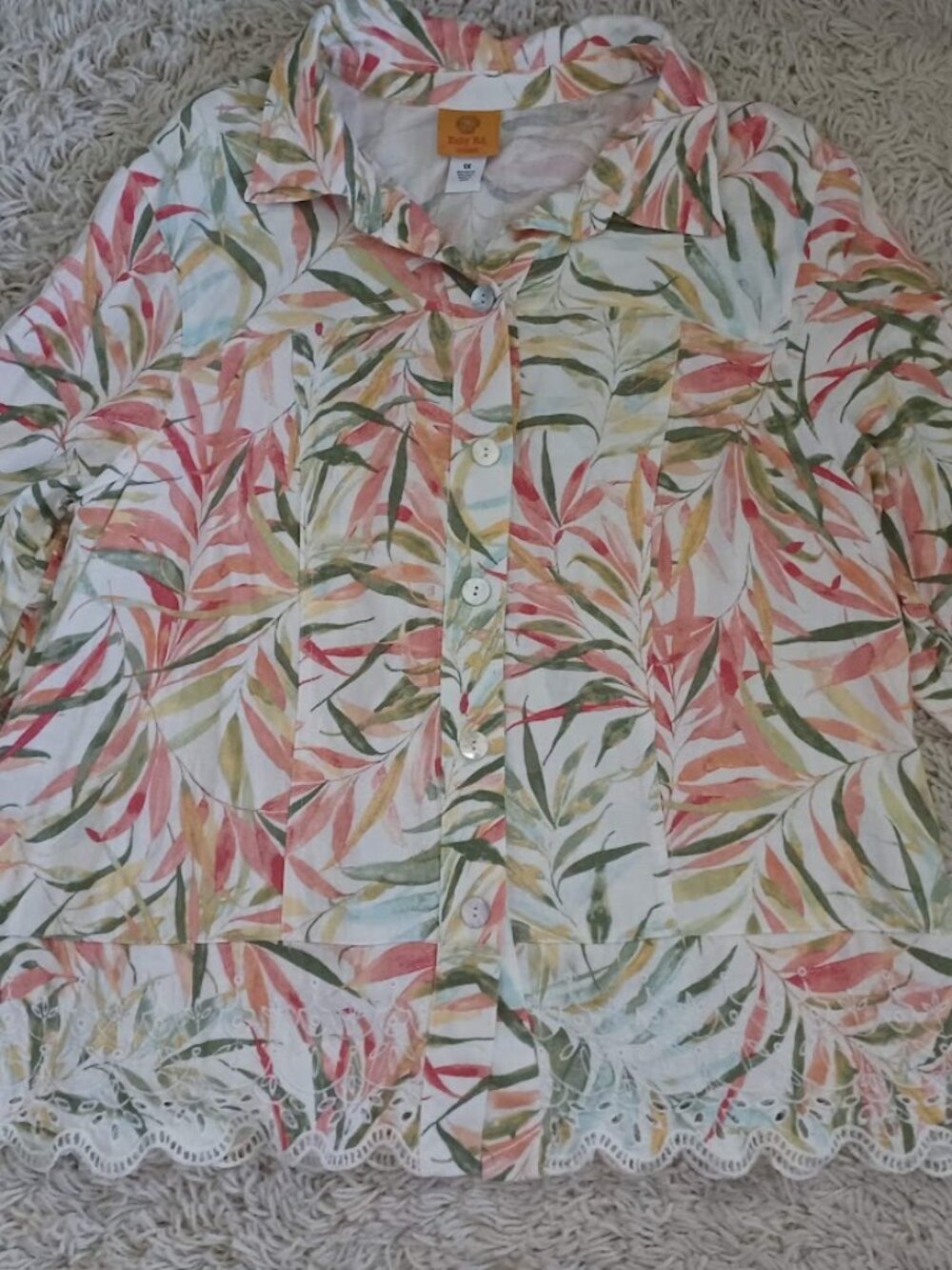 Ruby Rd Woman 1X Linen Rayon Tropical Blouse Eyelet Lace 3/4 Sleeve Button Tunic